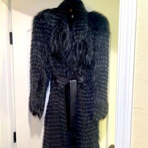 Sonia Rykiel belted blue and grey Fox fur coat size 44 Us 10